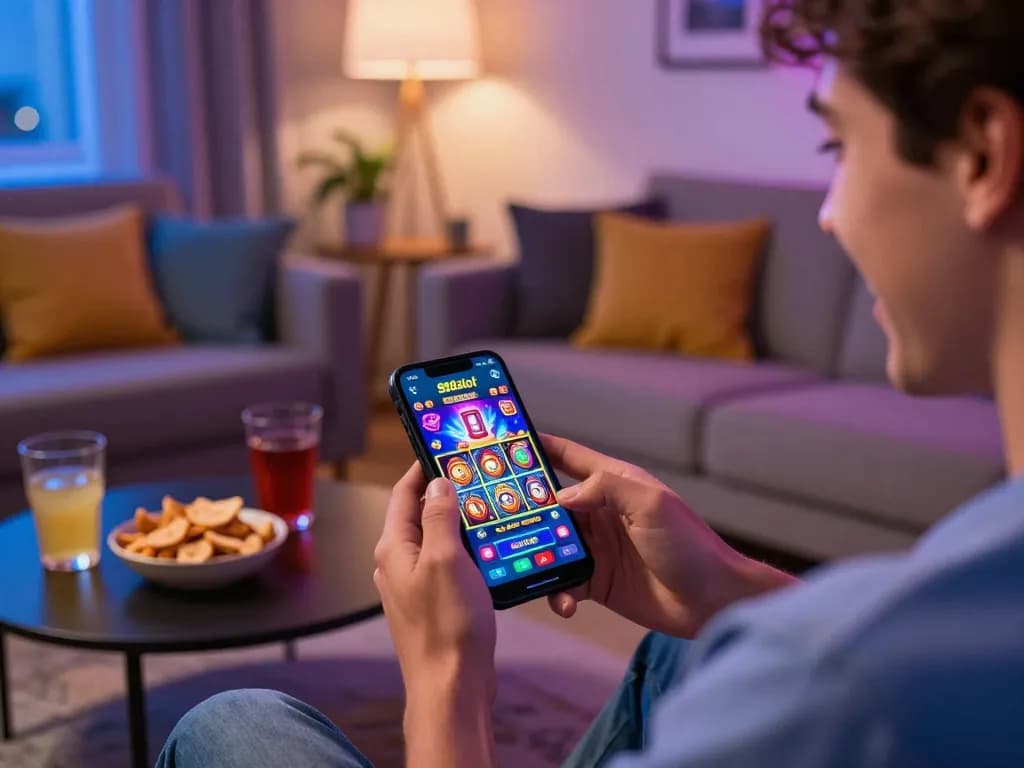 Engaging with the 988slot app for exciting online slot gameplay in a cozy living room.