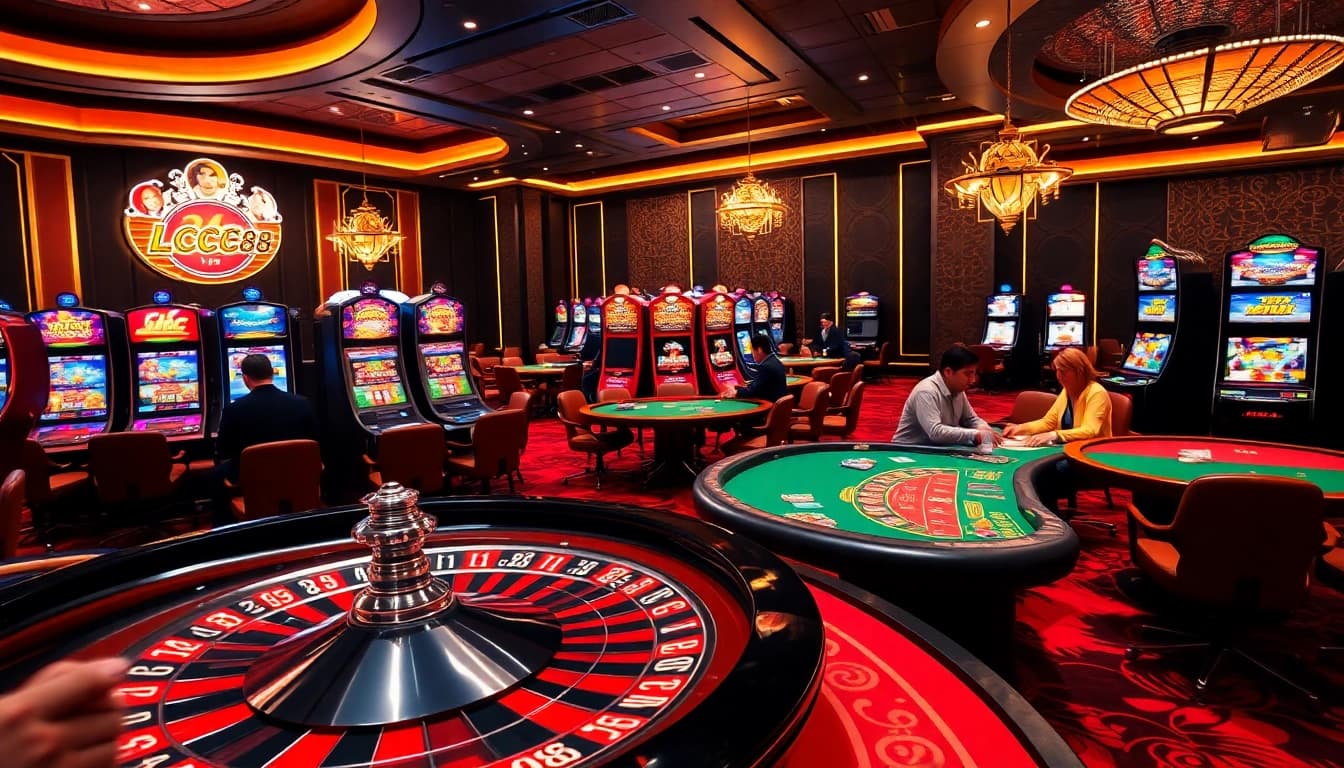 Exciting casino gaming scene featuring lcc88 poker tables and vibrant roulette wheel.