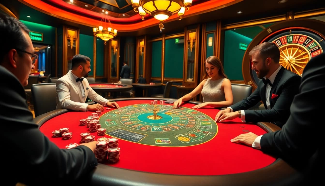 Experience the thrill of winning at F8BETCOM's luxurious blackjack table surrounded by vibrant casino elements.