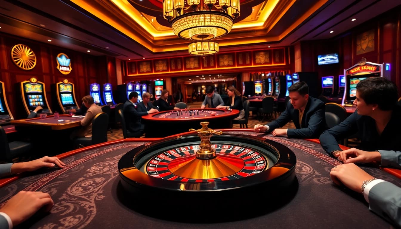 Experience excitement at j88 com with a thrilling poker game amidst an elegant casino setting.
