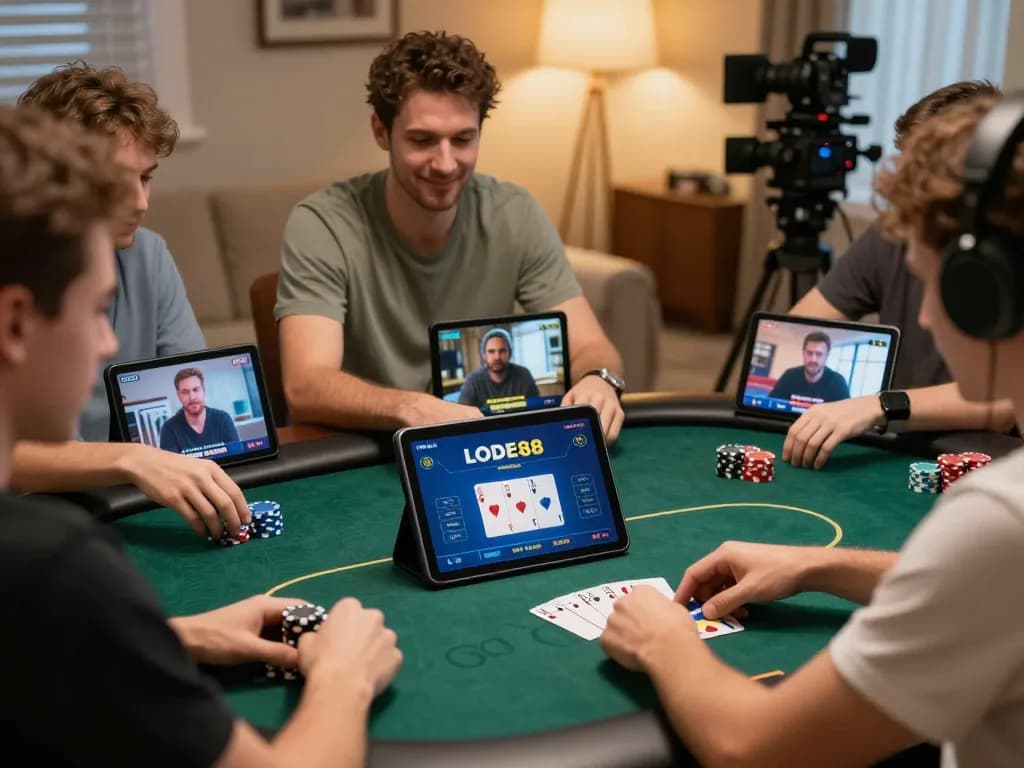 Player engaging in online poker through LODE88 app, showcasing interactive gameplay in a cozy home setting.