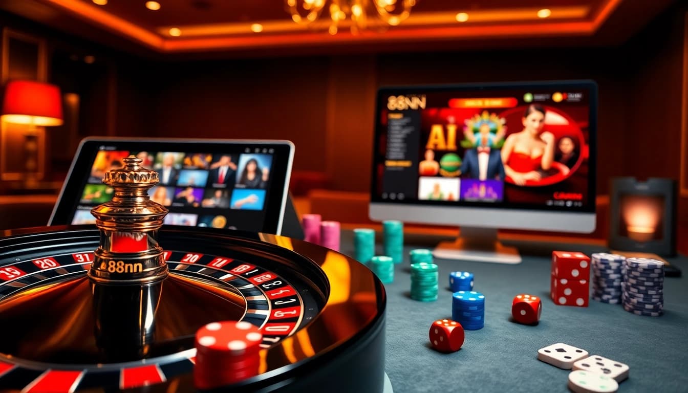 Experience the thrilling excitement of 88nn's online casino, featuring luxurious gaming elements and vibrant colors.