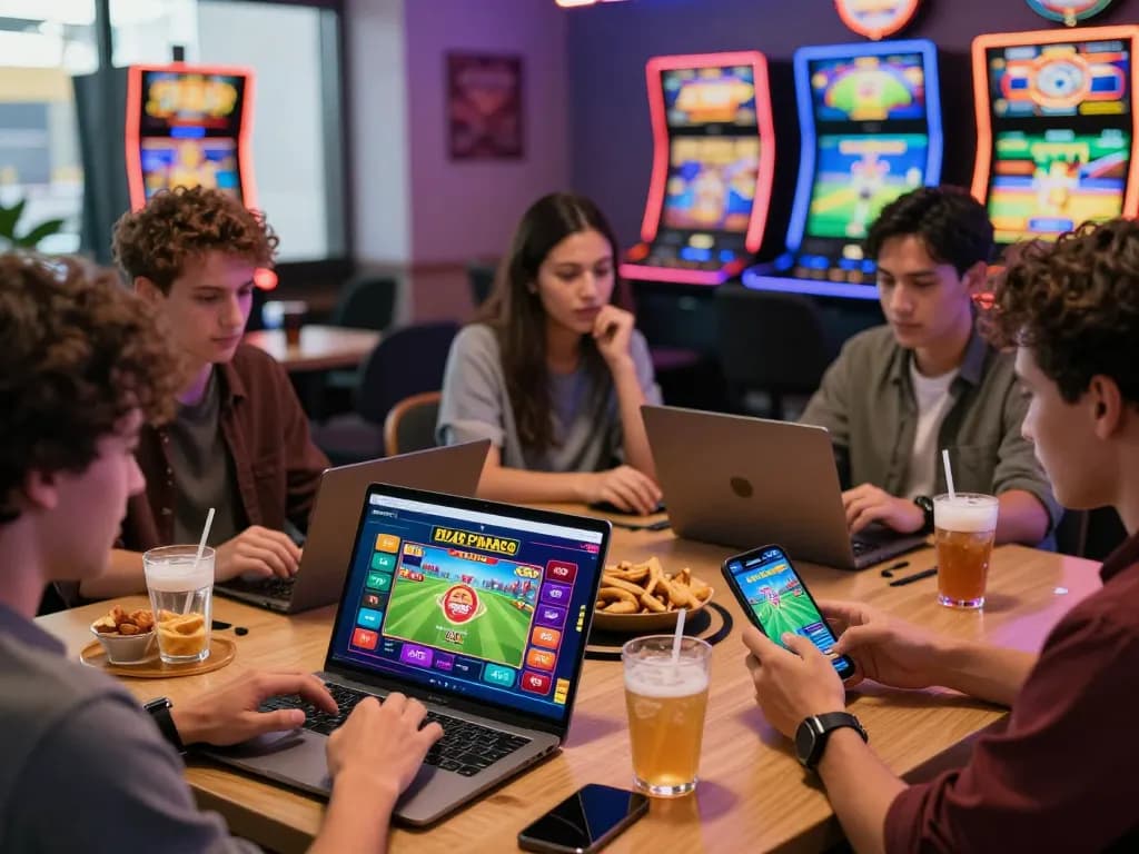 Players enjoying 88aa bet experience on laptops and mobile devices in a lively casino atmosphere.