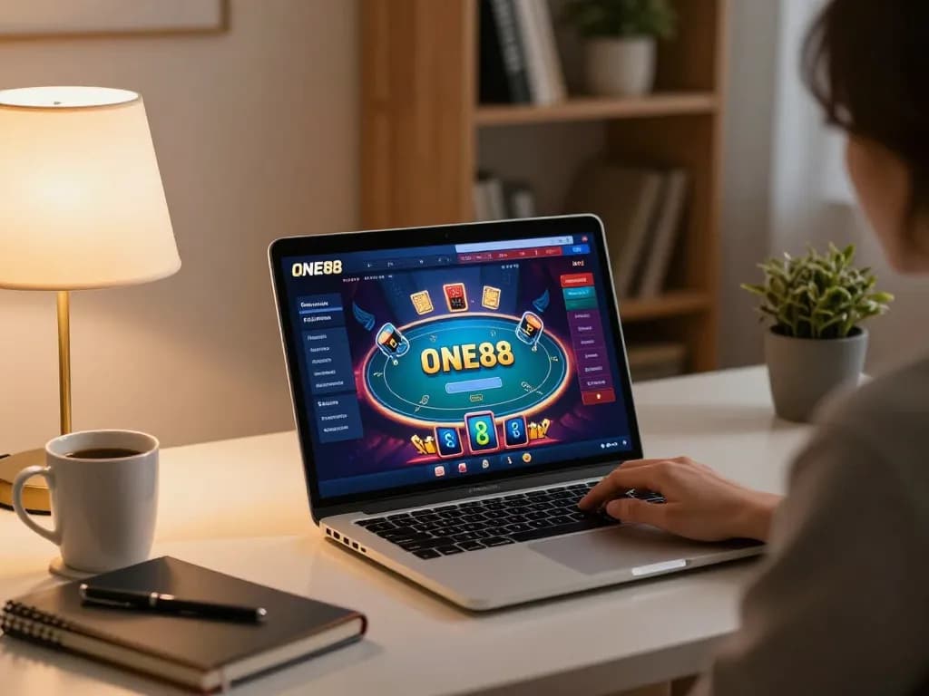 ONE88 online casino gaming experience with a player engaging in poker at home, showcasing strategic gameplay.