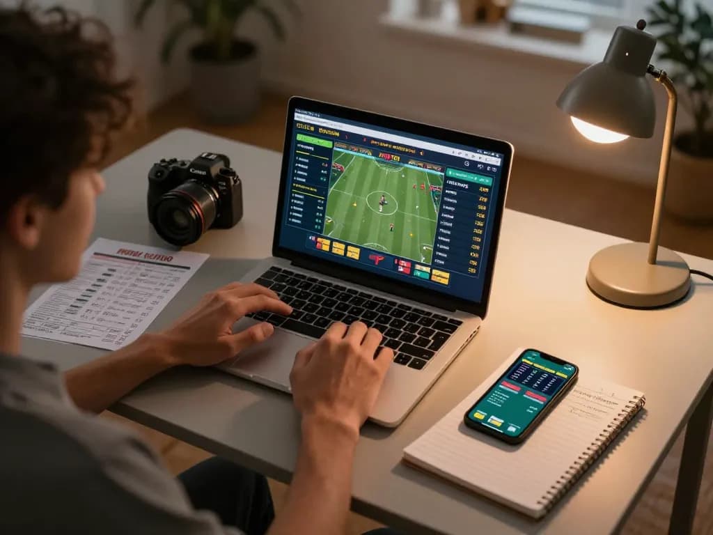 Engaging online sports betting session with a person using an 88aa link to track odds live, showcasing a focused and strategic gaming experience.
