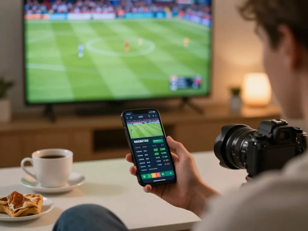SBOBET88 mobile betting scene with football match interface on a smartphone, showcasing user engagement and excitement.