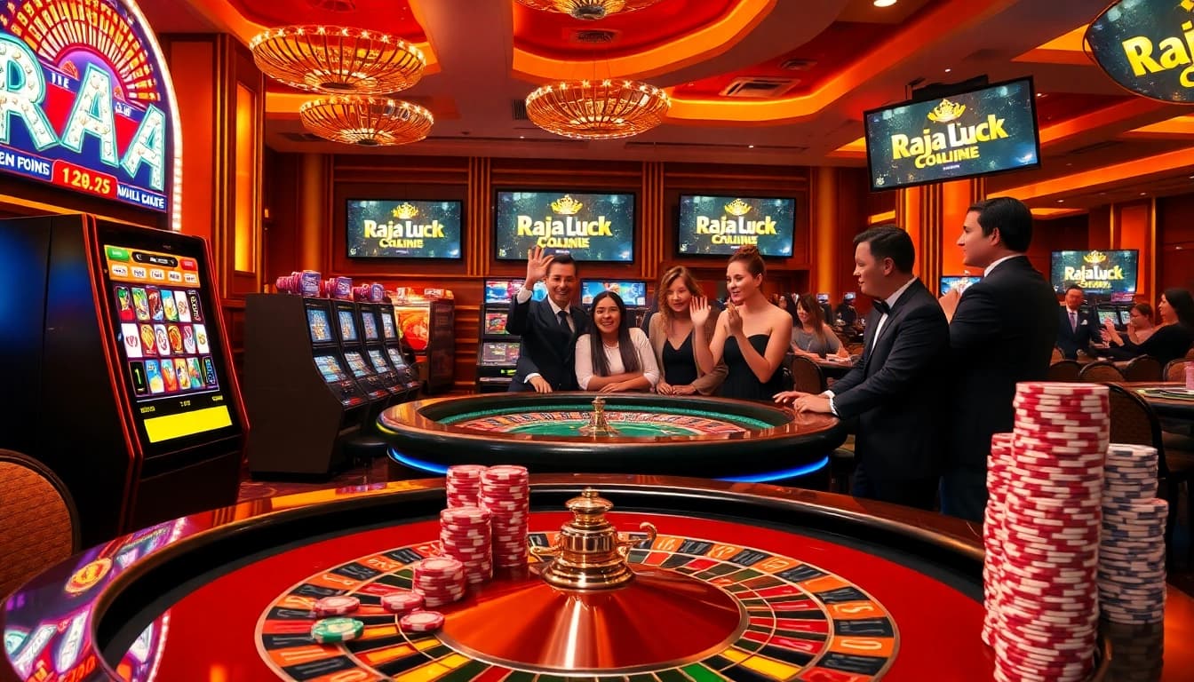 Experience dynamic gaming at Raja Luck with vibrant slot machines and lively players in a luxury casino setting.