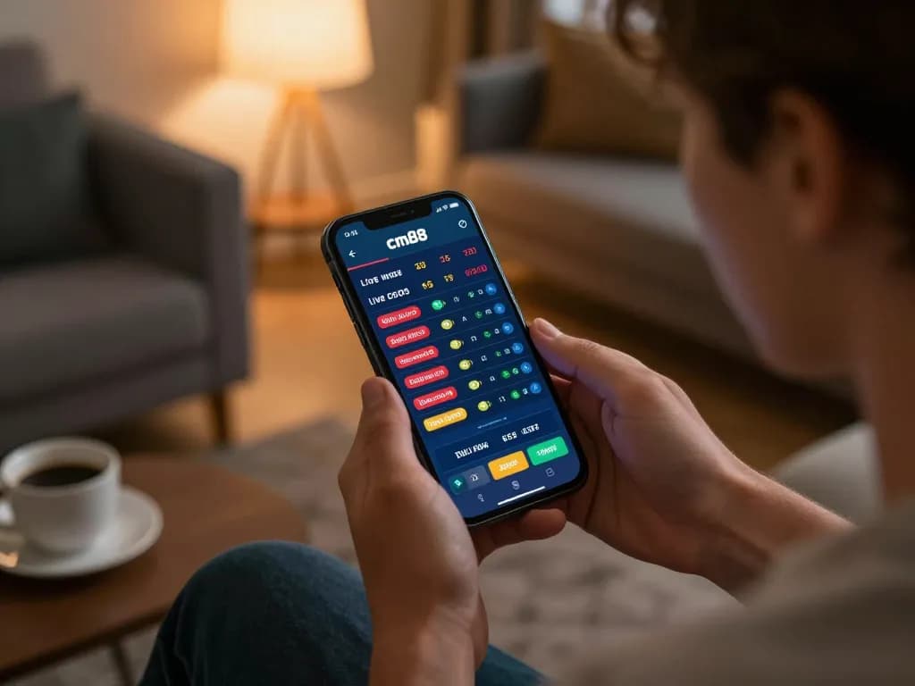 Engaging in mobile betting on the cm88 app in a cozy setting, highlighting online gaming.