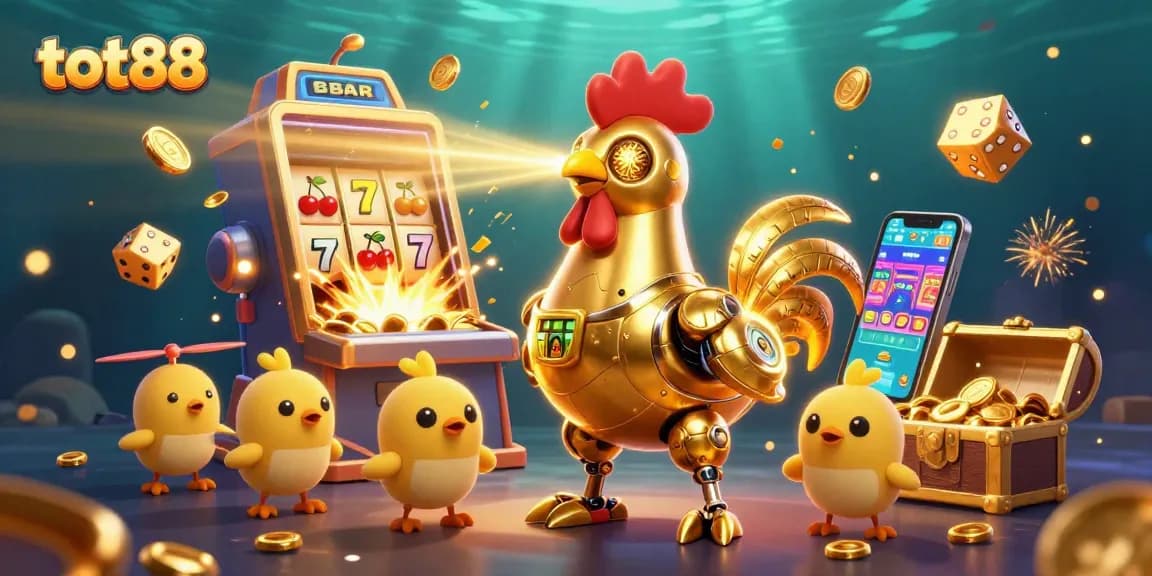 tot88 thrilling jackpot scene with a golden rooster robot and baby chick drones in a colorful casino setting