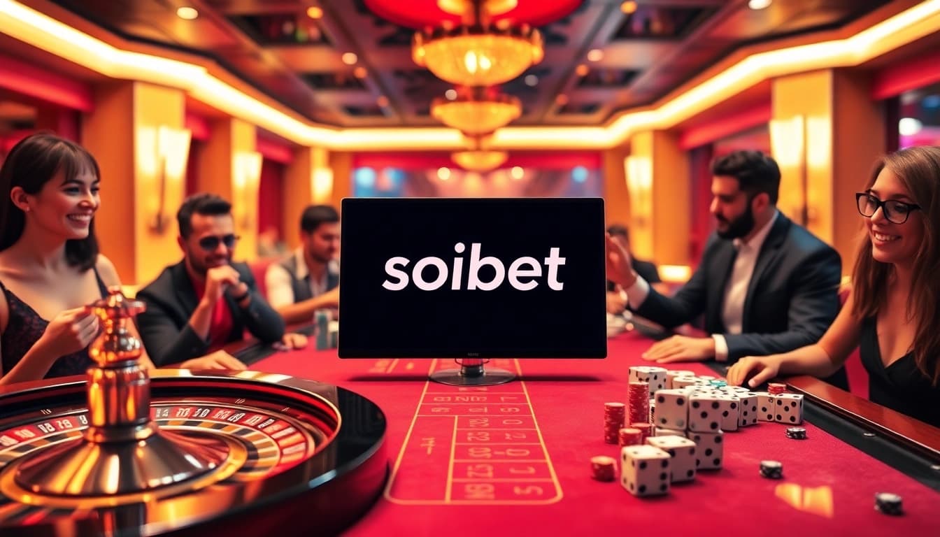 Experience the excitement of soibet ไทย with lively casino elements like roulette wheels and poker chips.