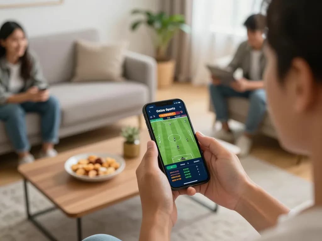 Person engaging with W88 sports betting app, live football odds and snacks visible, dynamic online betting atmosphere.