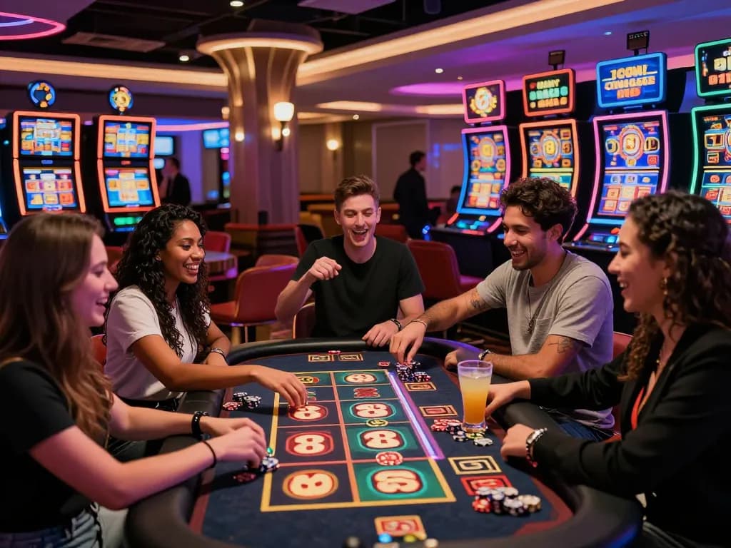 Exciting gambling scene featuring Lucky 88 slots at https://lucky88.tips/ with friends celebrating and vibrant casino atmosphere.