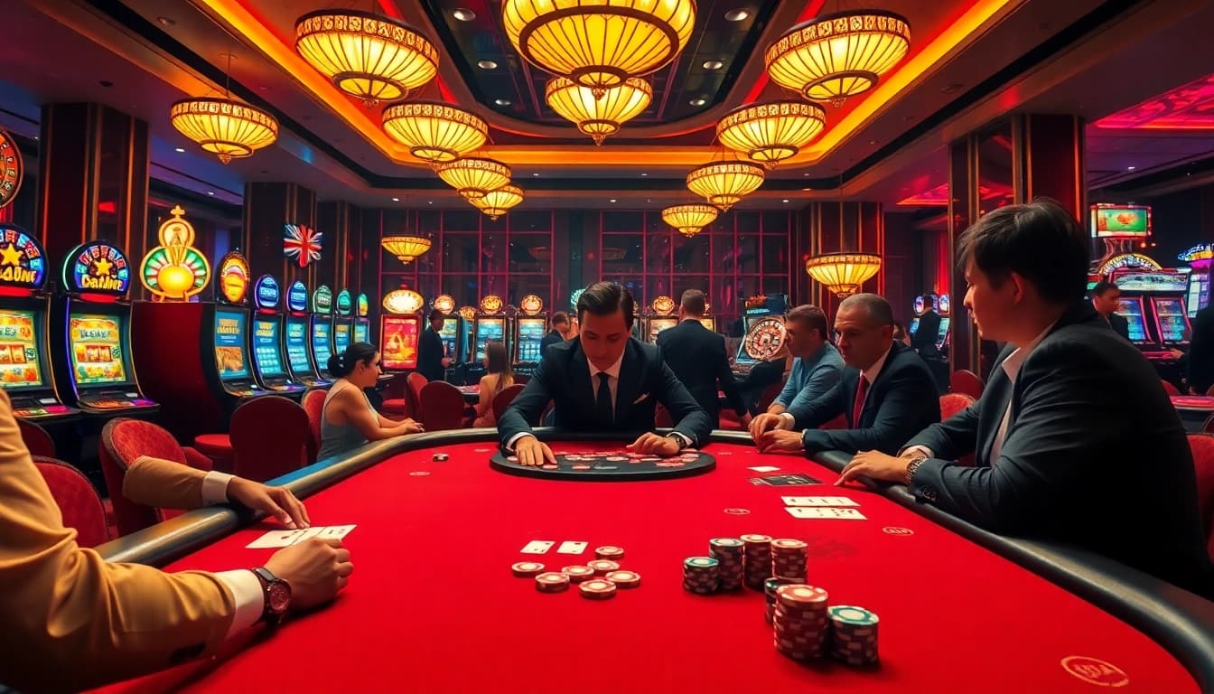 Engage in an exciting poker game at 99ok casino featured with vibrant decor and opulent ambiance.