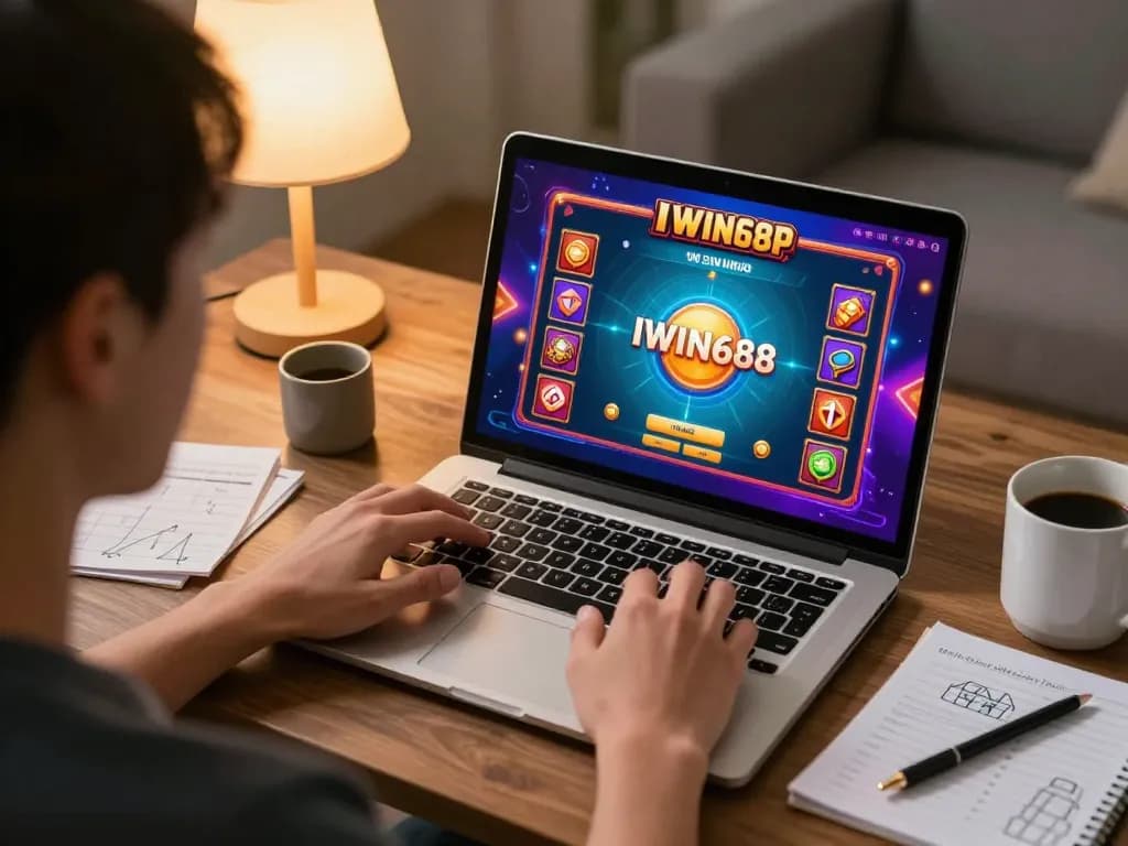 IWIN68 gameplay on laptop reveals strategic casino betting under warm home lighting.