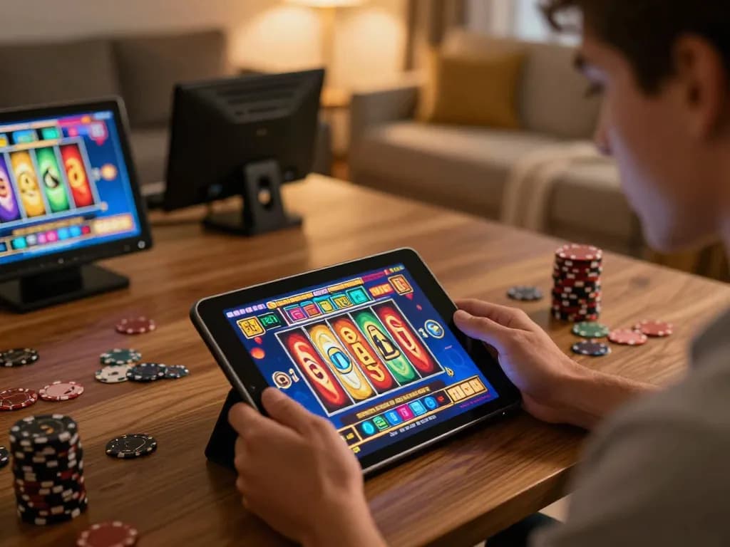 Engaged player using dewaslot on tablet with vibrant slot game visuals in a cozy home.