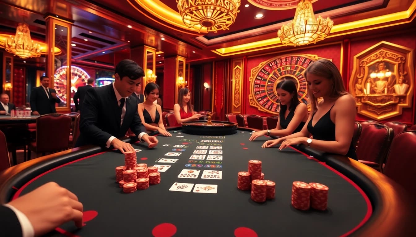 Experience the excitement of GG88 poker with vibrant cards and chips in a luxurious casino setting.