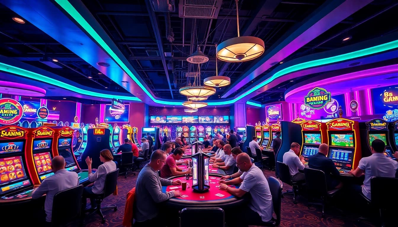 Experience AT99娛樂城 with players immersed in gaming excitement amid vibrant lights.