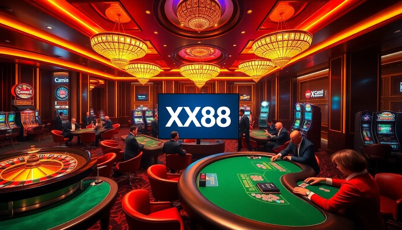 Gambling excitement at XX88 with players at poker and roulette tables in a luxurious casino.