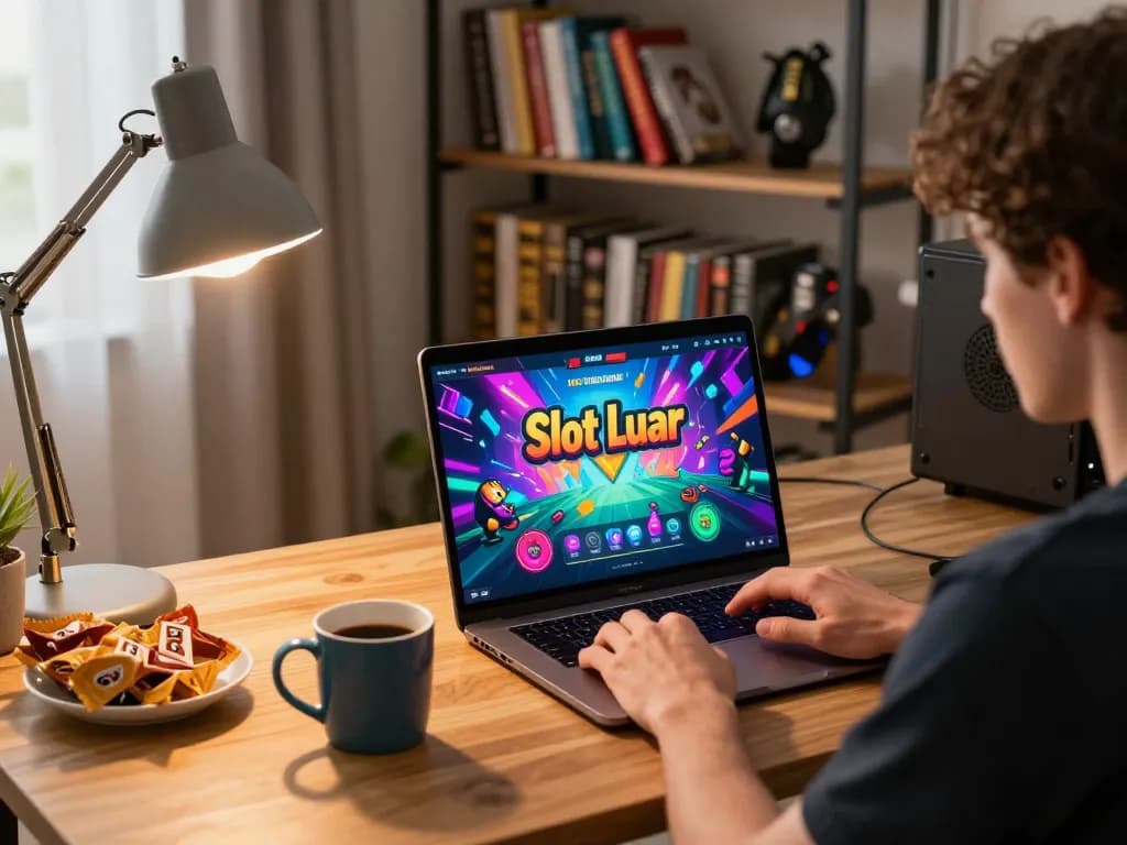 Engaging in Slot Luar gameplay on a laptop in a stylish home office setup with strategic gaming elements.