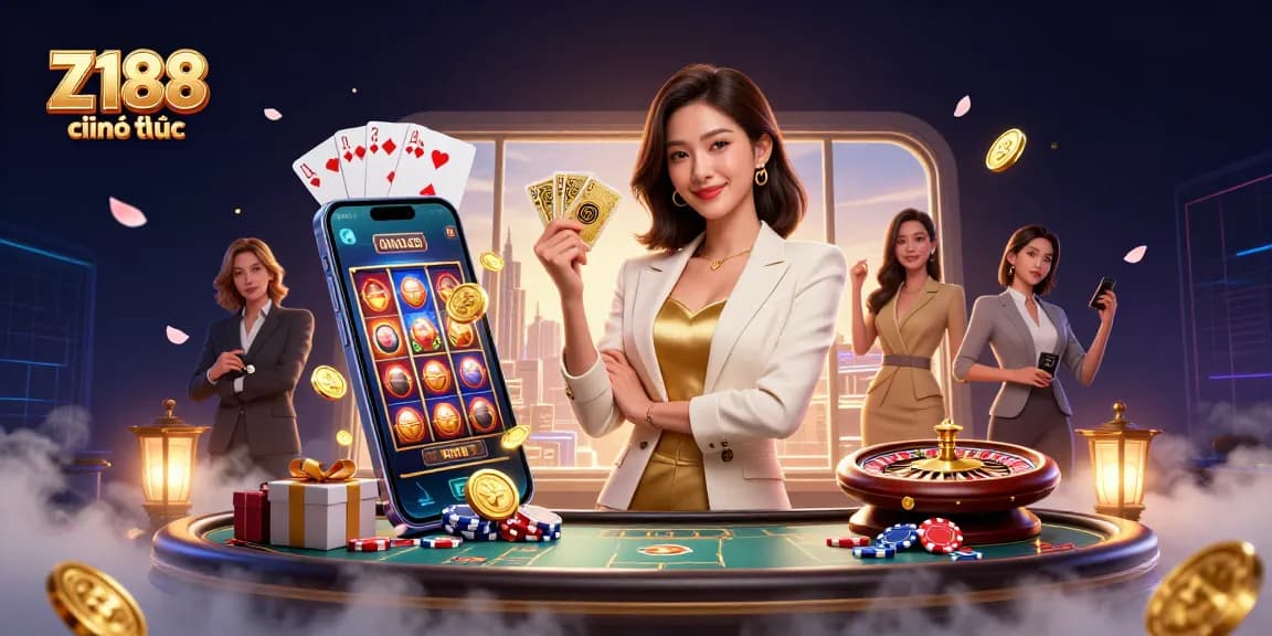 Z188 chính thức showcases a glamorous Asian woman confidently presenting a deck of cards in a vibrant casino setting.