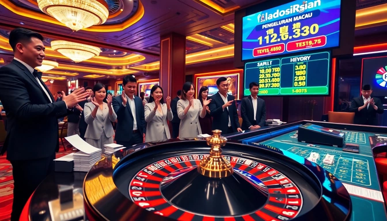 Exciting scene of Pengeluaran Macau live draw results with enthusiastic gamblers in a luxurious casino.