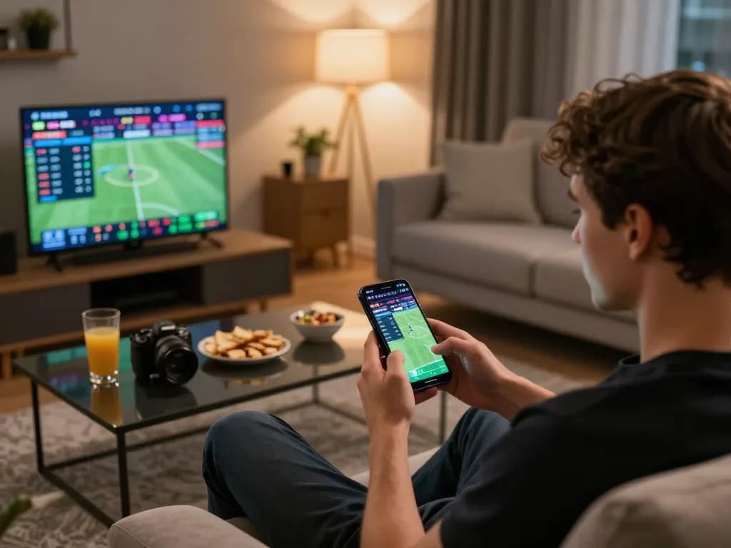 Soi kèo action captured as a person strategizes sports betting on their smartphone in a cozy home environment