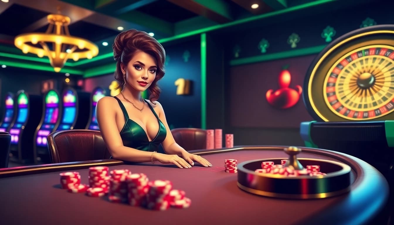 Experience the excitement of gamequeen at a luxurious casino with a vibrant poker table and roulette wheel.