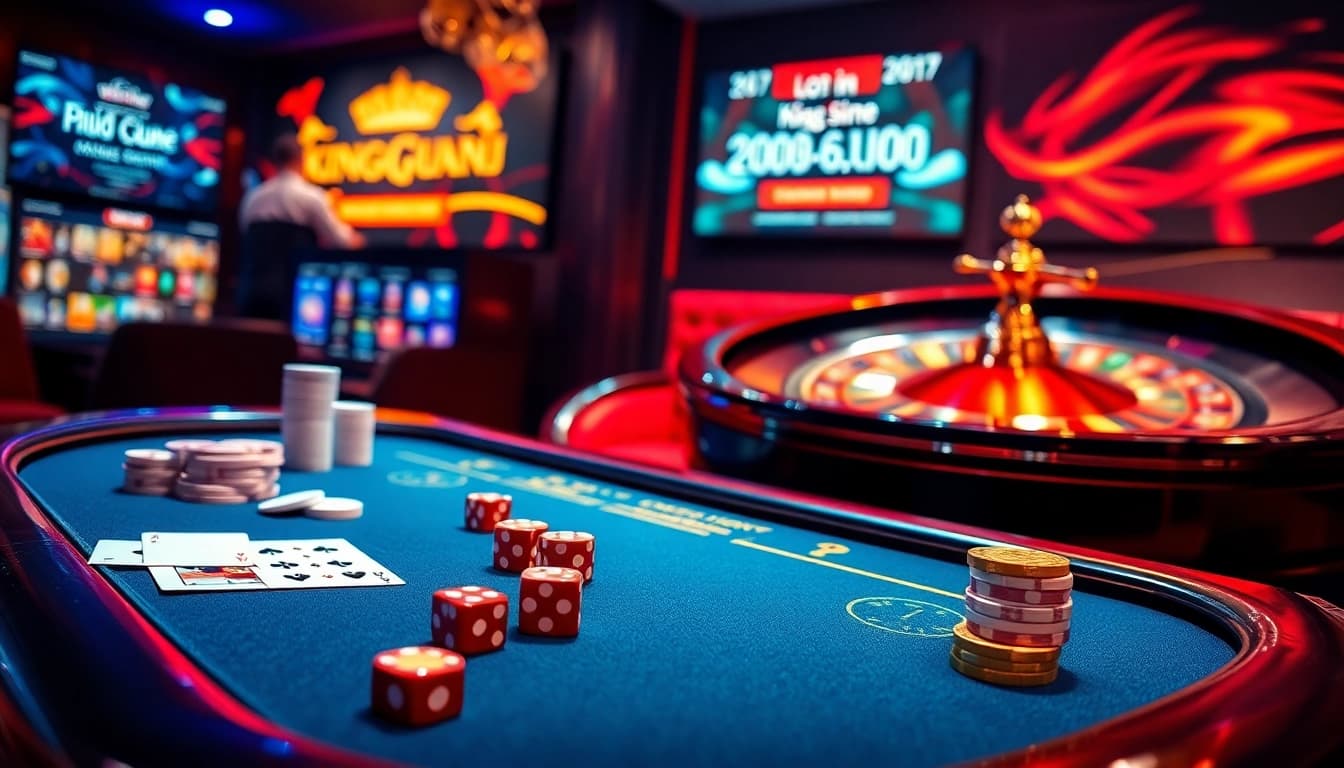 kinggaruda138 online gaming experience with vibrant casino elements like roulette wheel and poker table