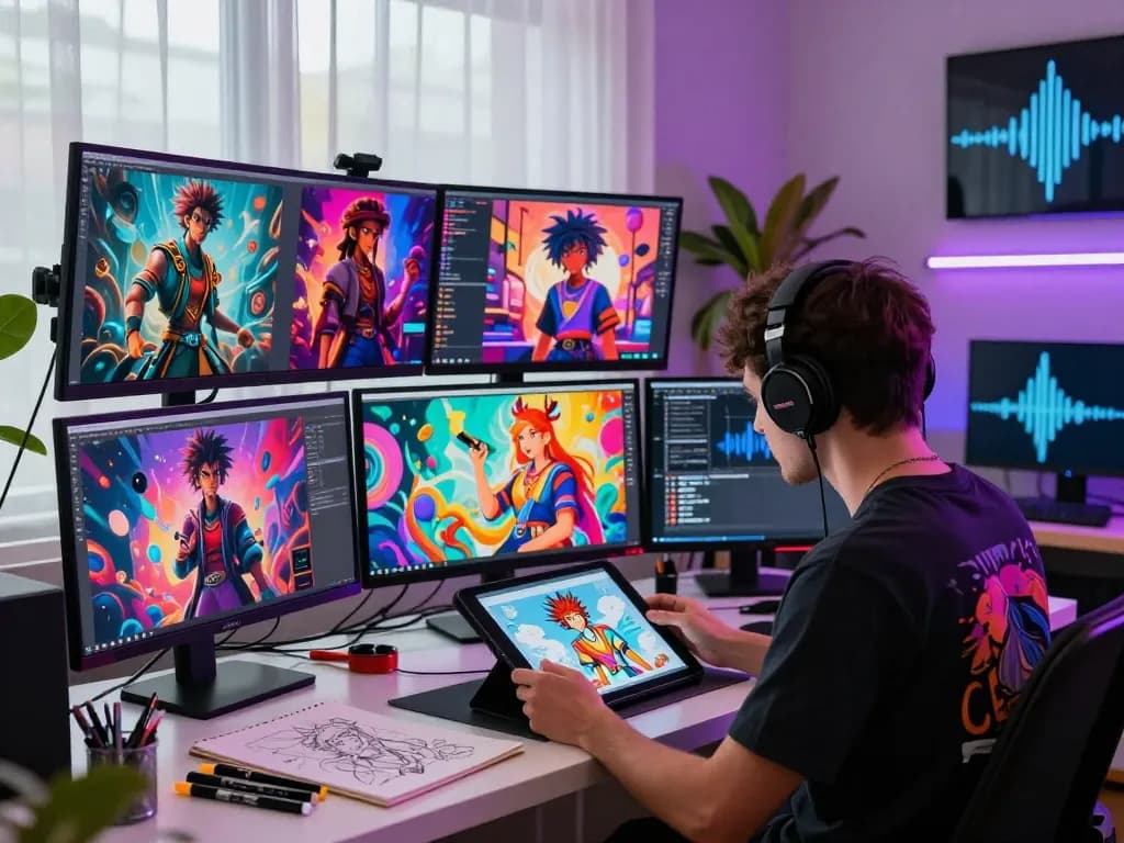 Creative digital artist in modern workspace generating AI NSFW visuals, showcasing vibrant artwork and tech elements