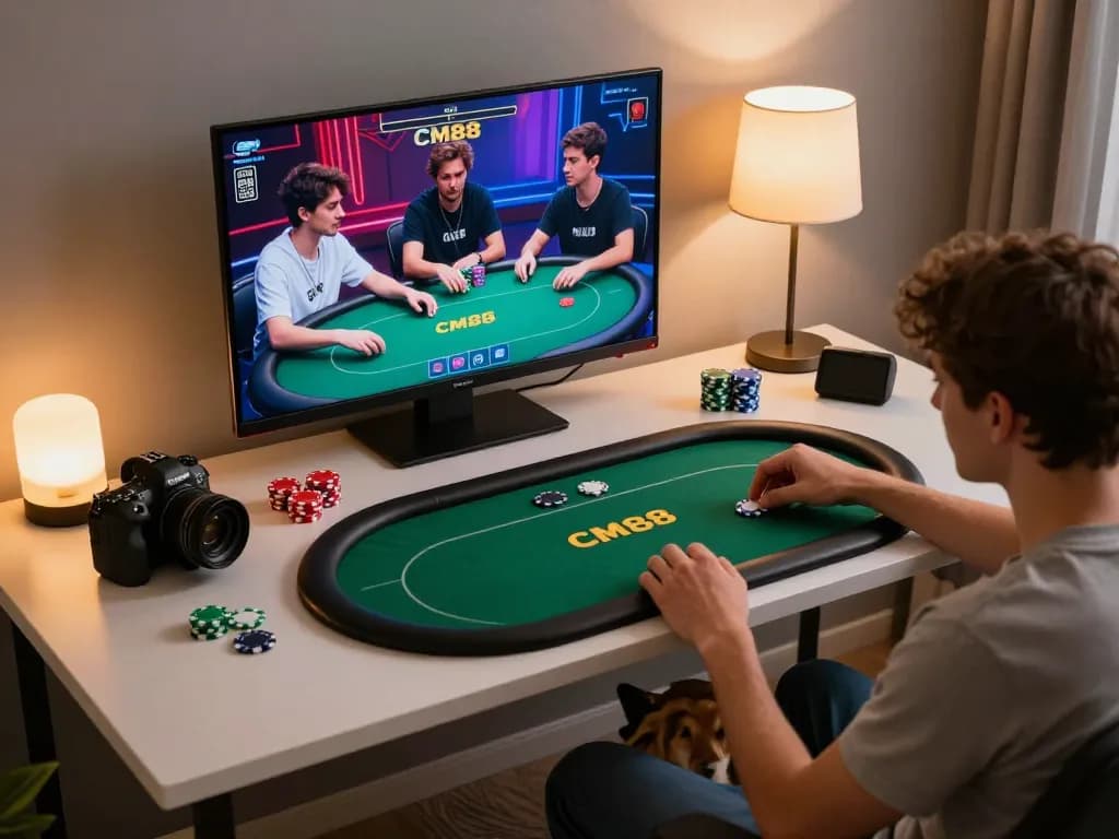 Engaged players strategizing on cm88 poker interface in a warm home gaming setup.