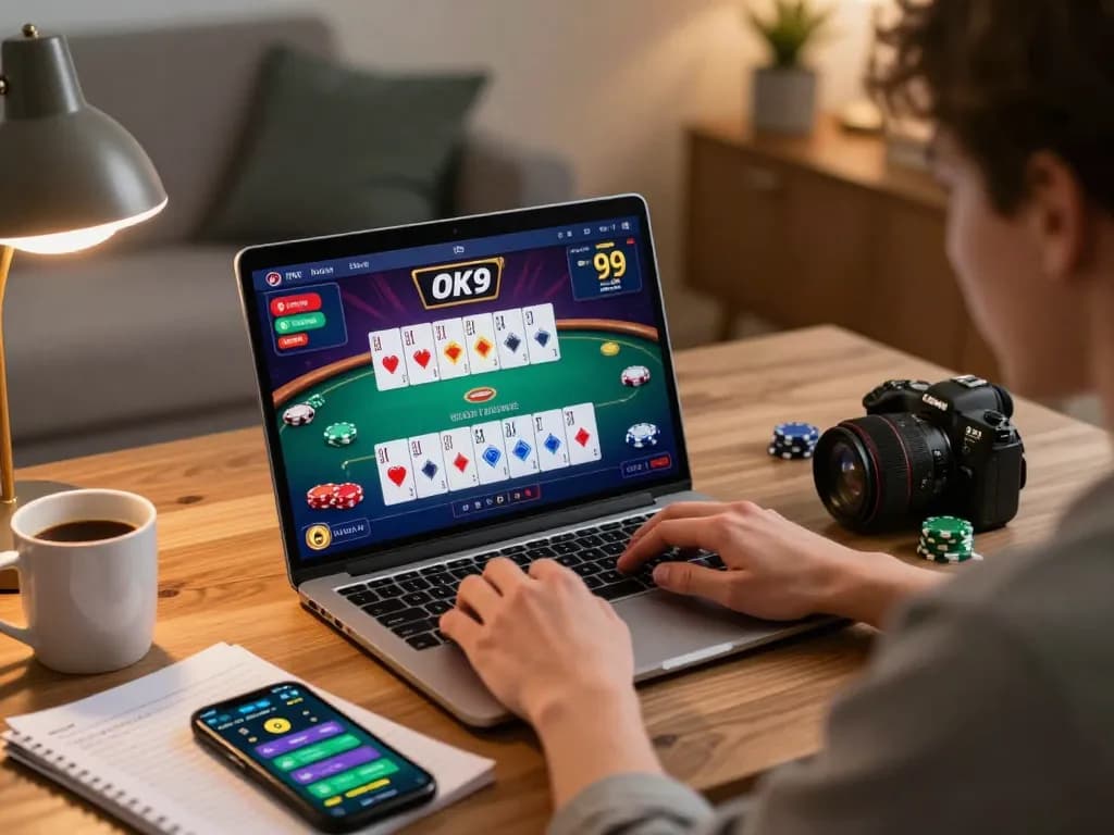 Player utilizing the OK9 platform in a relaxed home environment while strategizing for winning plays.