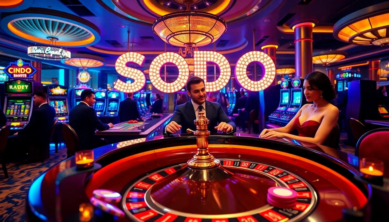 Experience the thrilling gambling atmosphere at SODO's vibrant casino with roulette and slot machines.