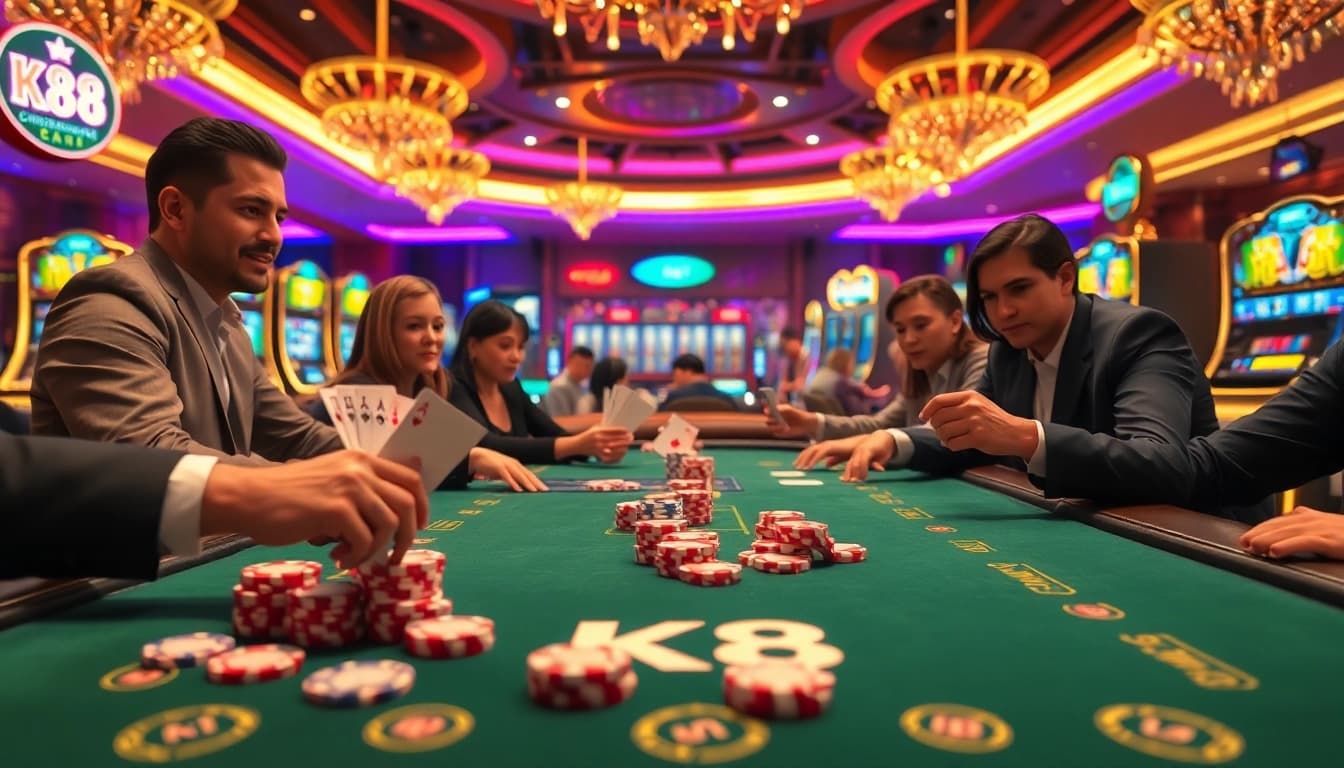K88 highlights players winning big at a glamorous casino table with vibrant poker chips.