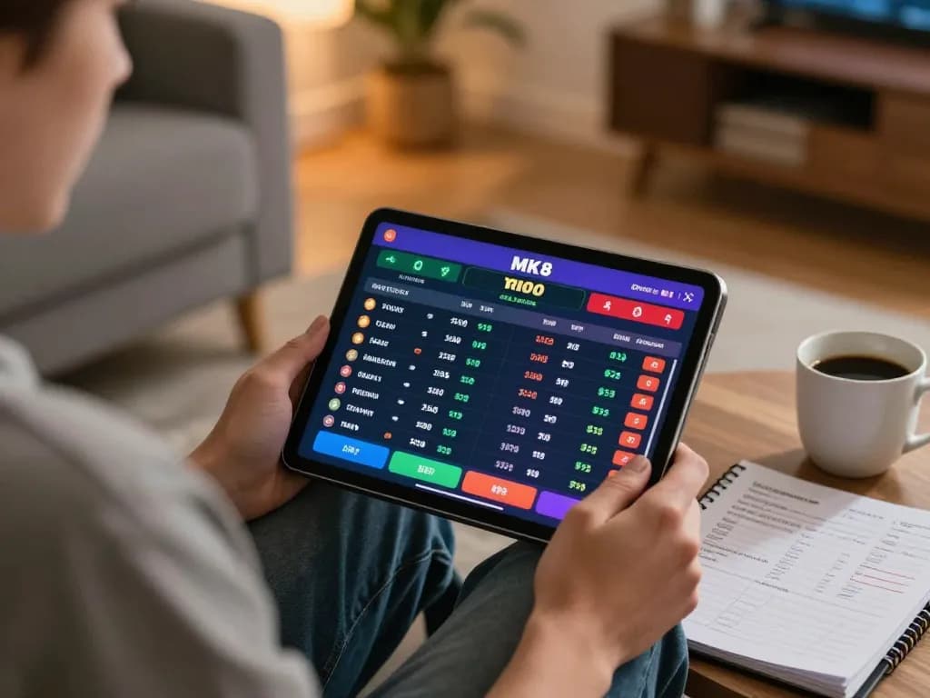 Engaging in online betting on MK8 with a tablet at home, showcasing sports odds and betting strategies.