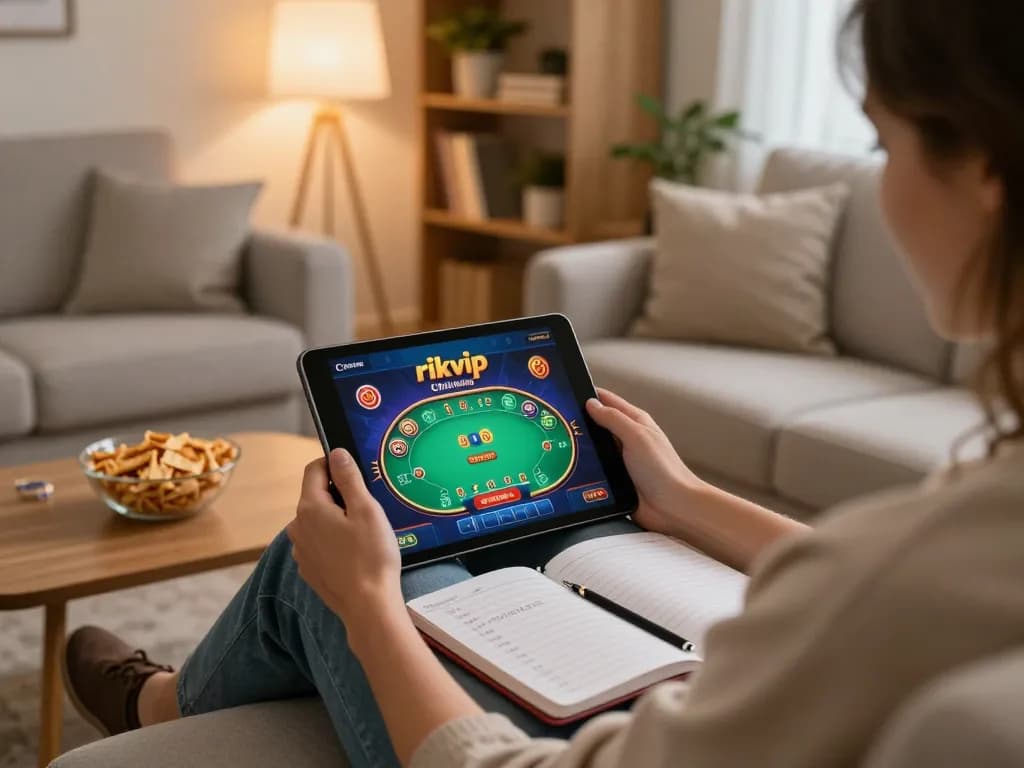 Engaging in exciting gameplay on rikvip through tablet in a cozy home environment.