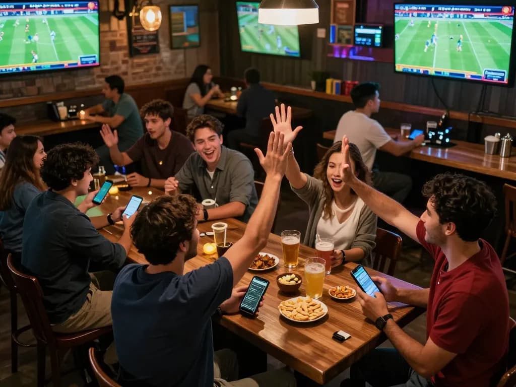 Fans engaging in sports betting while checking tỷ lệ kèo nhà cái during an exciting football match at a lively sports bar.
