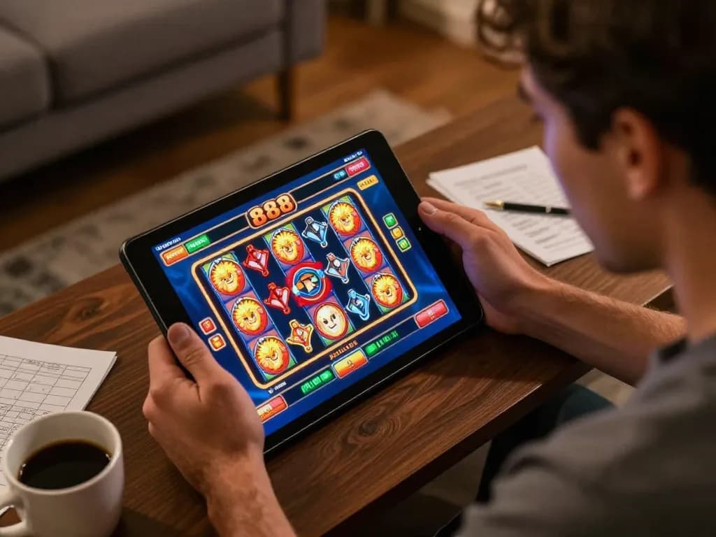 Engaged player analyzing slot88 game on tablet in cozy home environment.