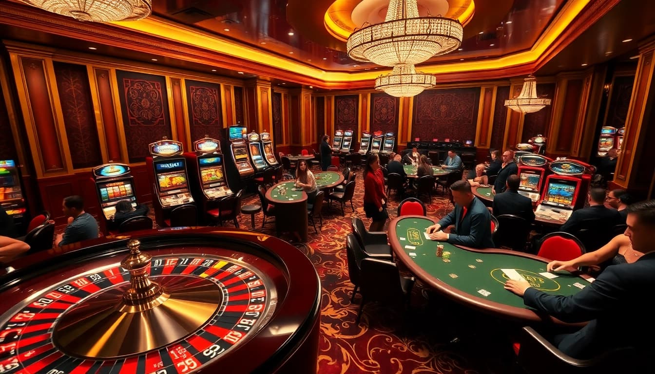 Kqxs players enjoying a thrilling moment at a luxurious casino table with roulette and poker.