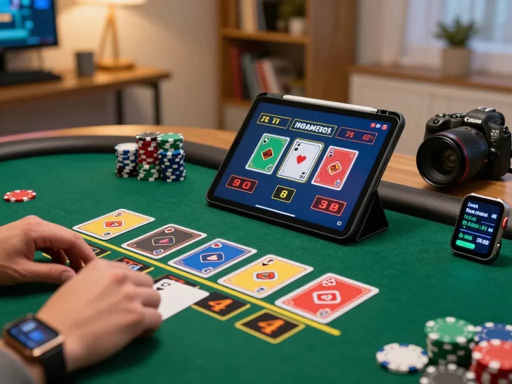 Person enjoying FC88 blackjack on tablet in cozy home office, strategic gameplay visible