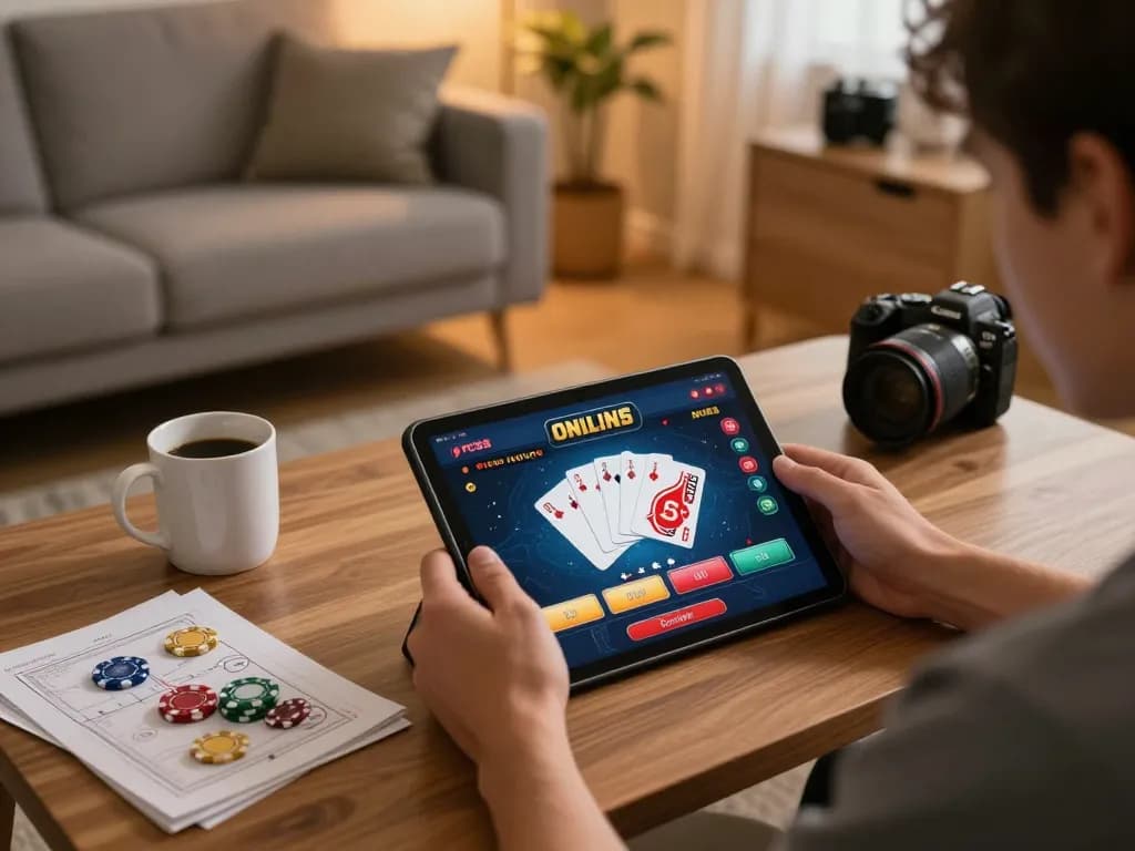 FC88 player enjoying online gambling session on tablet in cozy home atmosphere