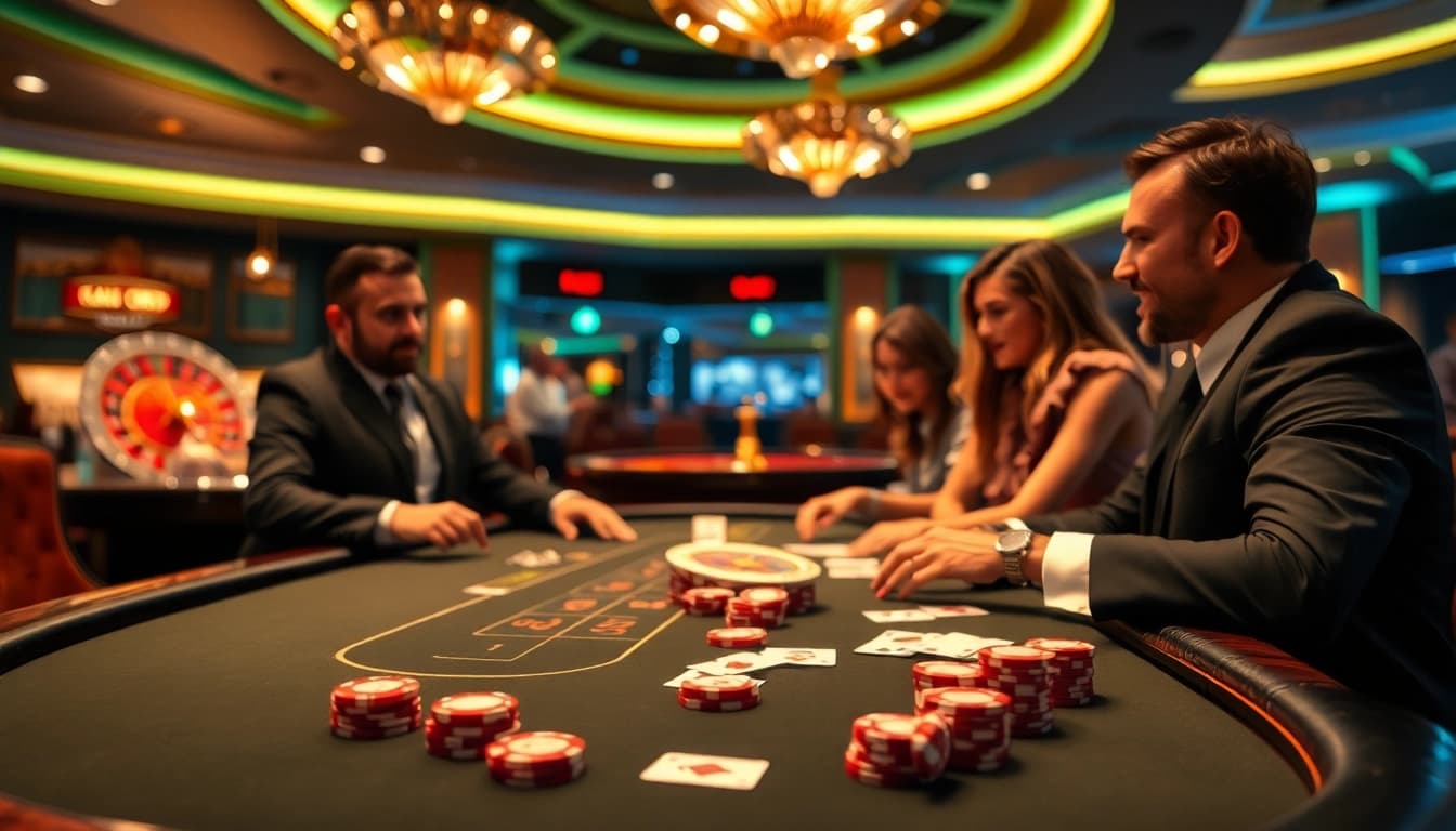 Experience the thrill of gambling at BL555 with vibrant poker games and rich casino decor.