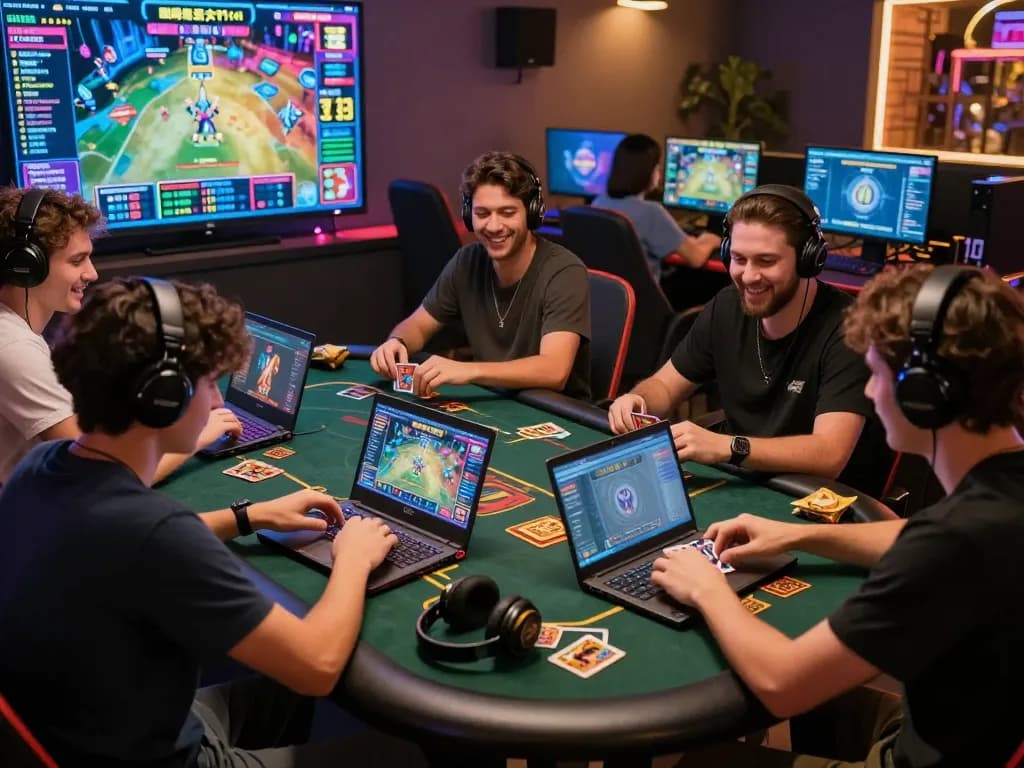 Friends enjoying Bomwin online games, showcasing vibrant atmosphere and gaming details.