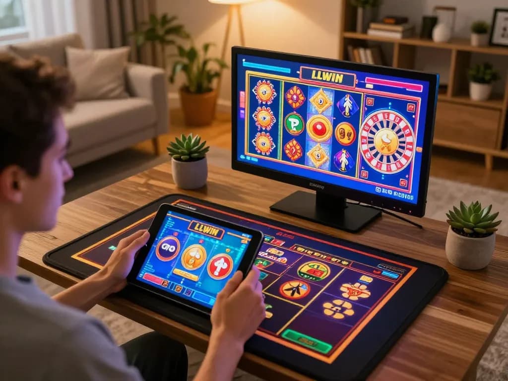 Engaging scene of LLWIN mobile gambling on a tablet showcasing vibrant slot games in a cozy home
