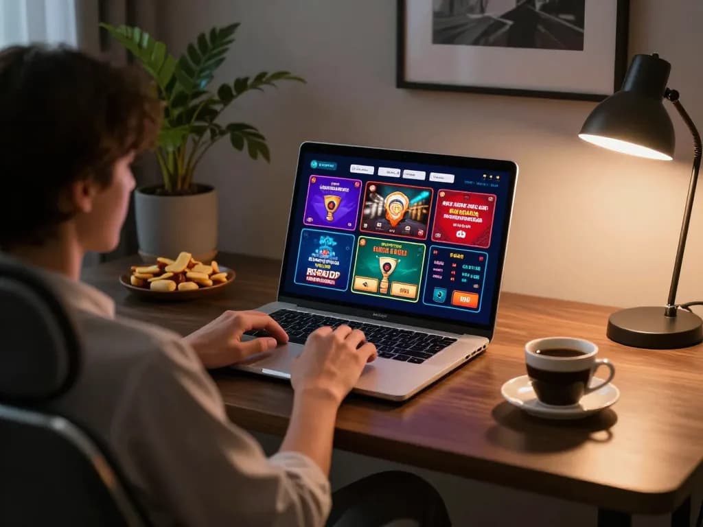 Engaged player using laptop for online games at https://rr888.shopping/ with snacks on the table.