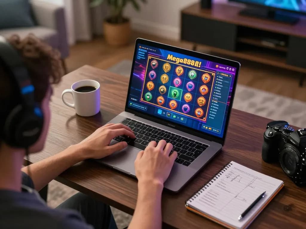 Mega888 Today online gaming setup with a person playing slot games on a laptop in a cozy home office.