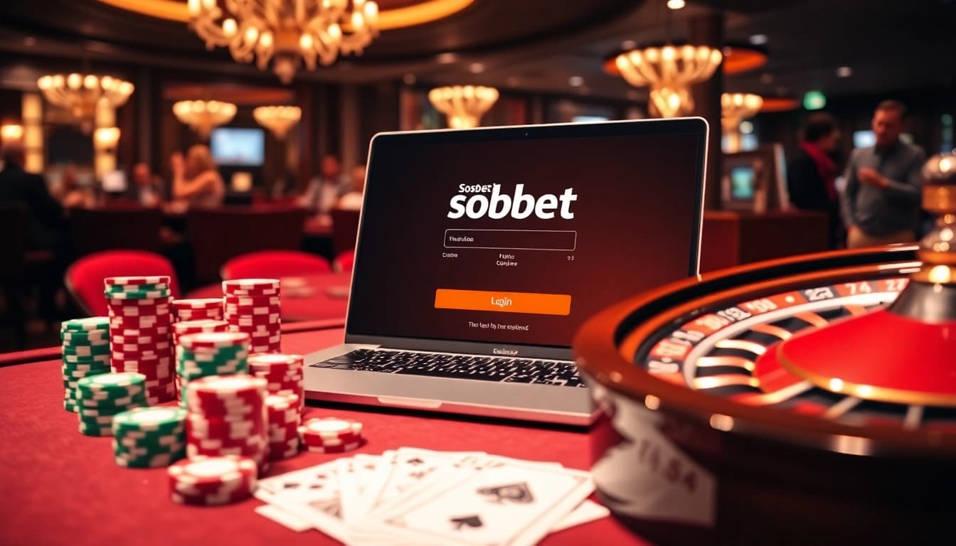Engaging sbobet login indonesia interface with poker chips and casino ambiance.