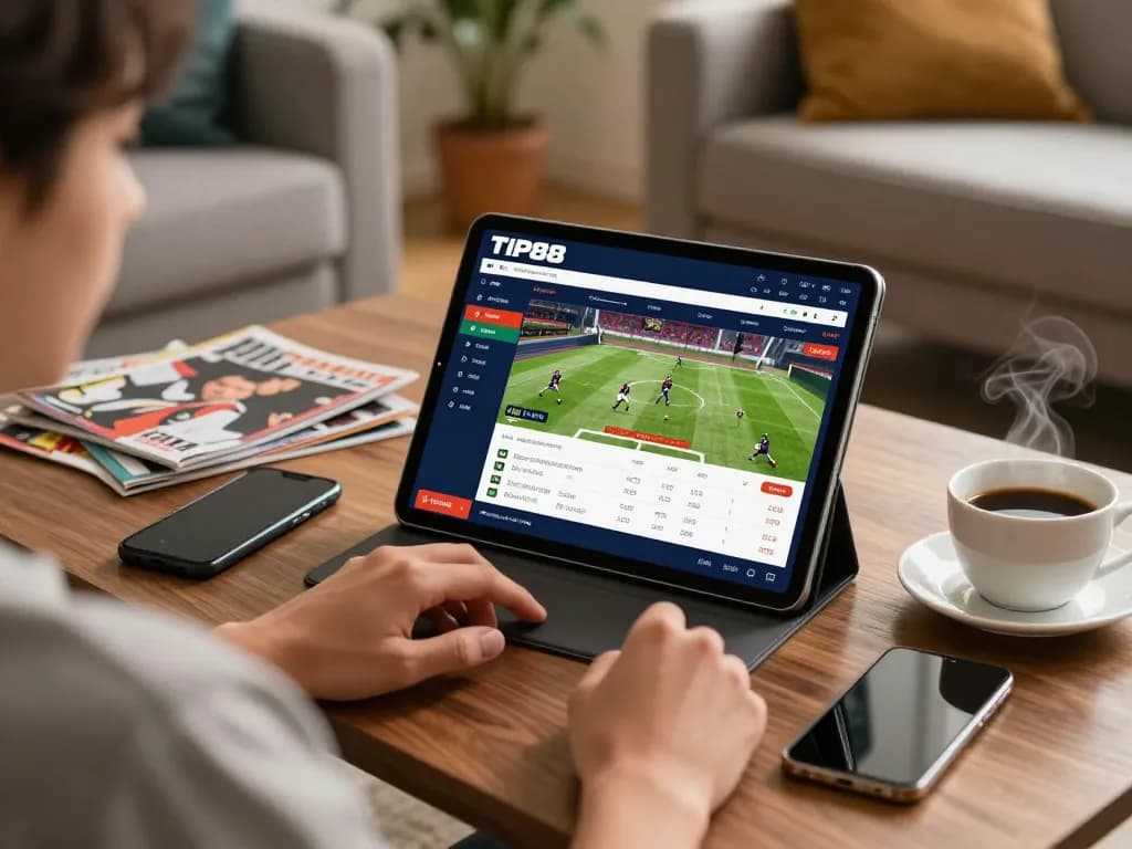 Betting with TIP88 on a tablet in a cozy home setup featuring live sports odds.