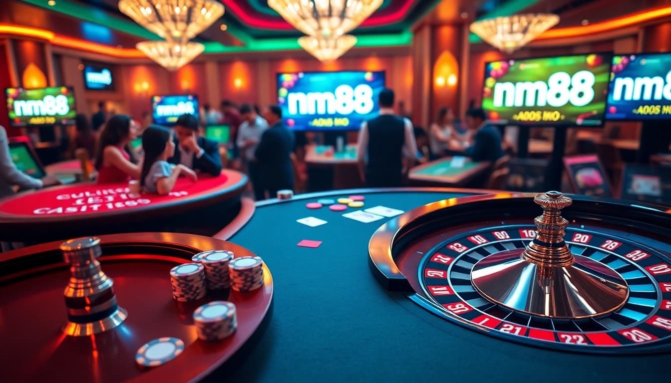 Experience exciting gaming at mm88 with vibrant poker tables and roulette wheels.