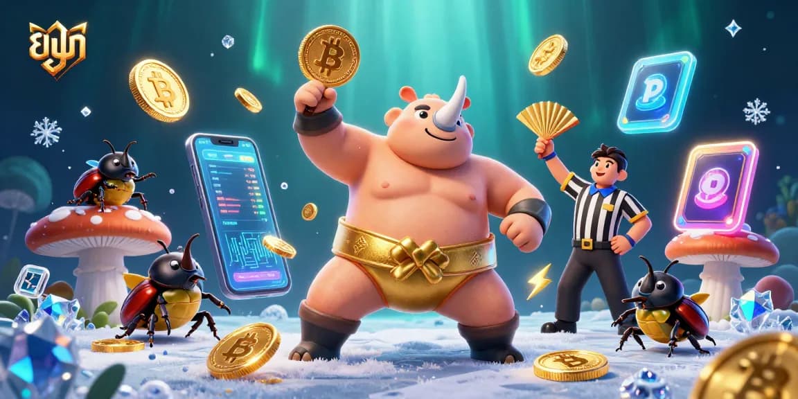 Experience the excitement of ยูฟ่า with a dynamic 3D casino scene featuring a beetle sumo champion among flying coins.