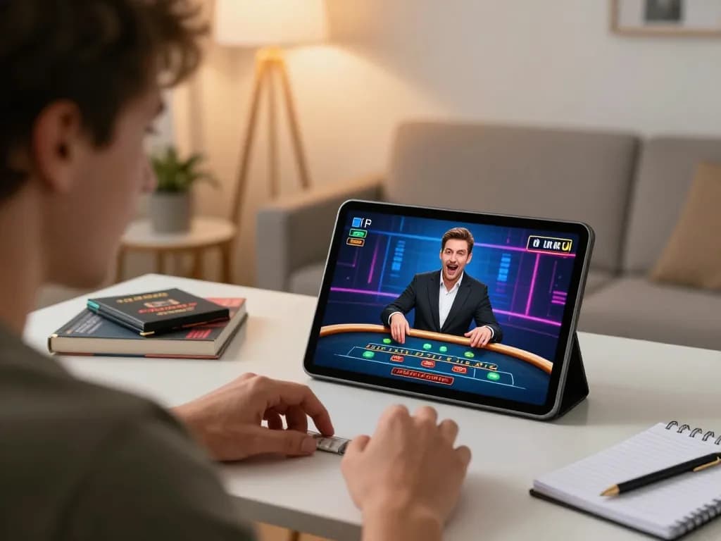 Player enjoying 100cuci live dealer game on tablet in cozy home setting, showcasing excitement and responsible gaming.